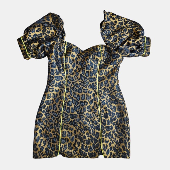 For Love & Lemons Jett Leopard Bodycon Mini Dress M Puff Sleeve Glam Baddie - Picture 1 of 9